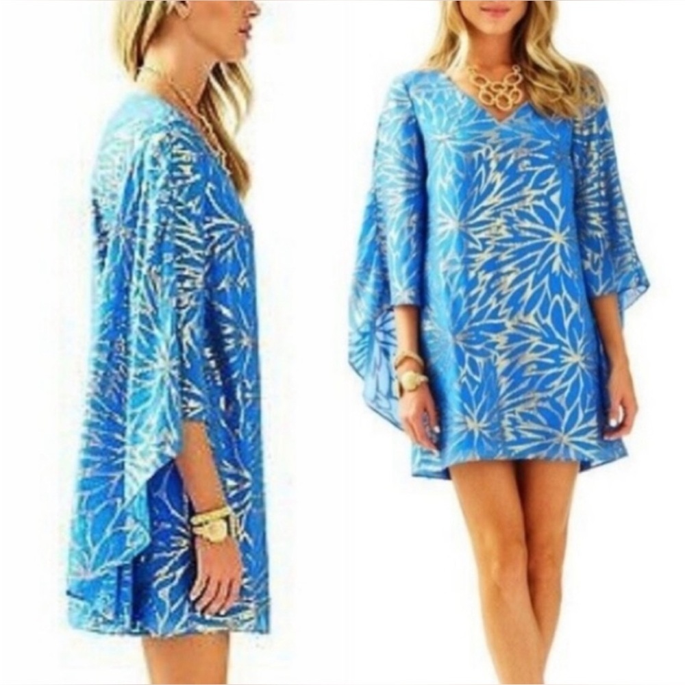 Lilly Pulitzer Lapis Blue Gold Palm Burst Jacquard Miri Silk Caftan Cape Dress